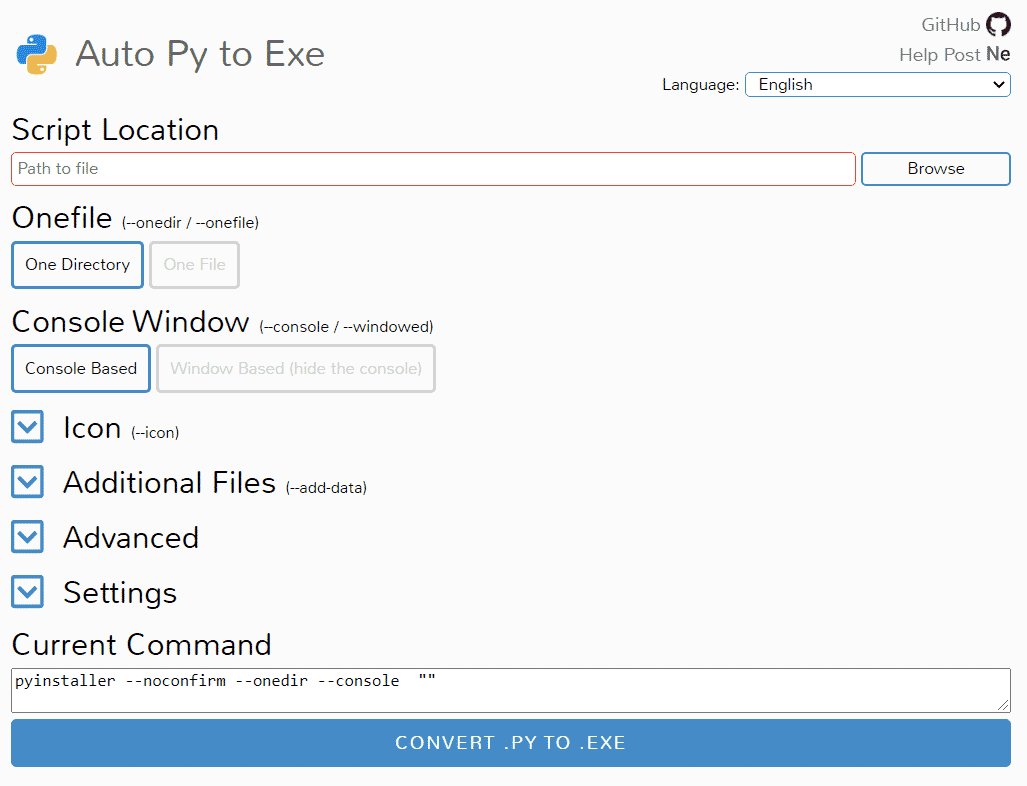 Using Auto PY to EXE application to convert one or more .py files to .exe