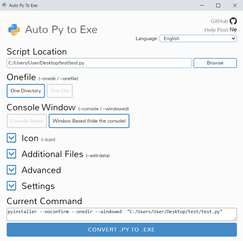 Using Auto PY to EXE application to convert one or more .py files to .exe