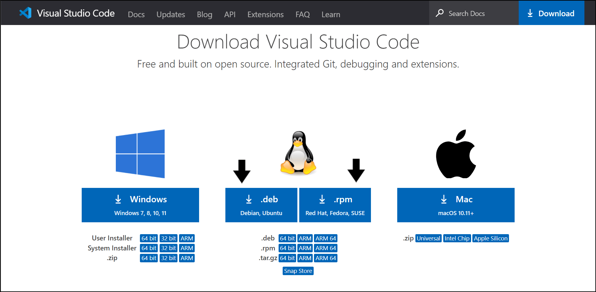 downloading Visual Studio Code installation file from official downloads page to reinstall it on Linux