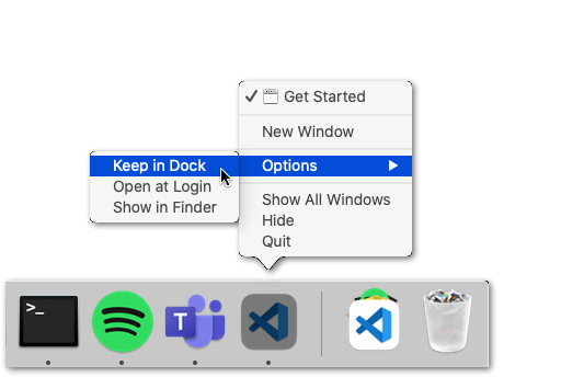 saving Visual Studio Code app to dock for easier access on macOS