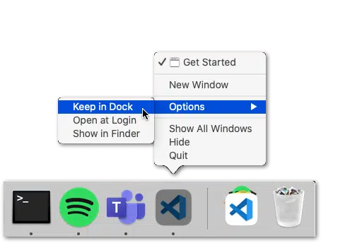 saving Visual Studio Code app to dock for easier access on macOS