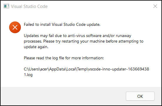Visual Studio Code "Failed to install update" error message