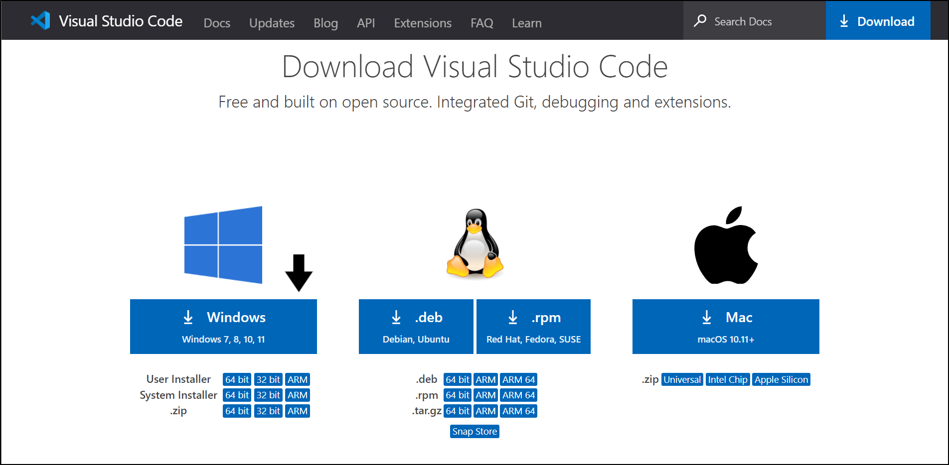 downloading Visual Studio Code installation file from official downloads page to reinstall it on Windows