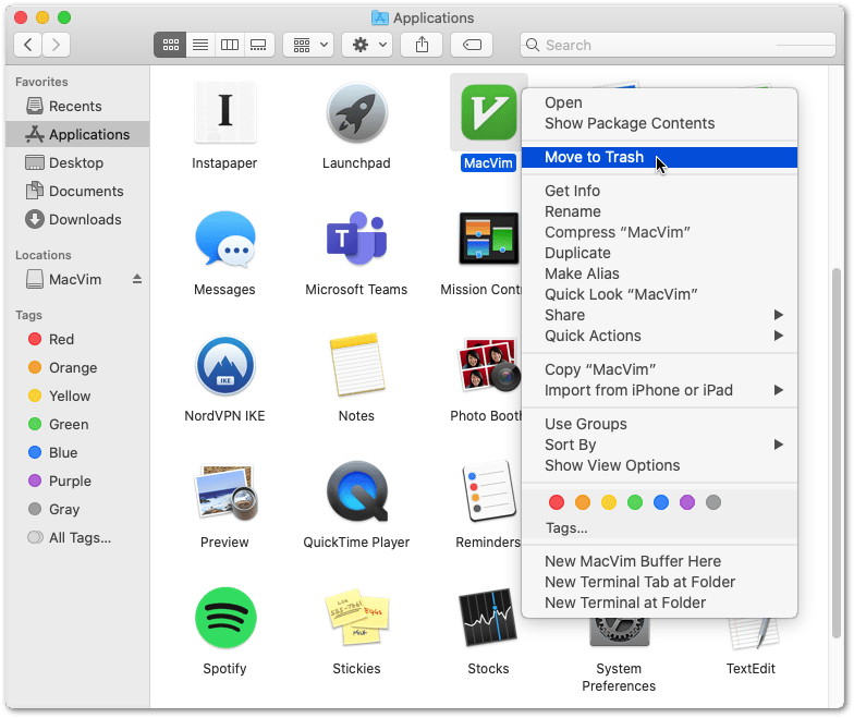 uninstalling Vim on macOS using Finder Applications folder to reinstall it completely