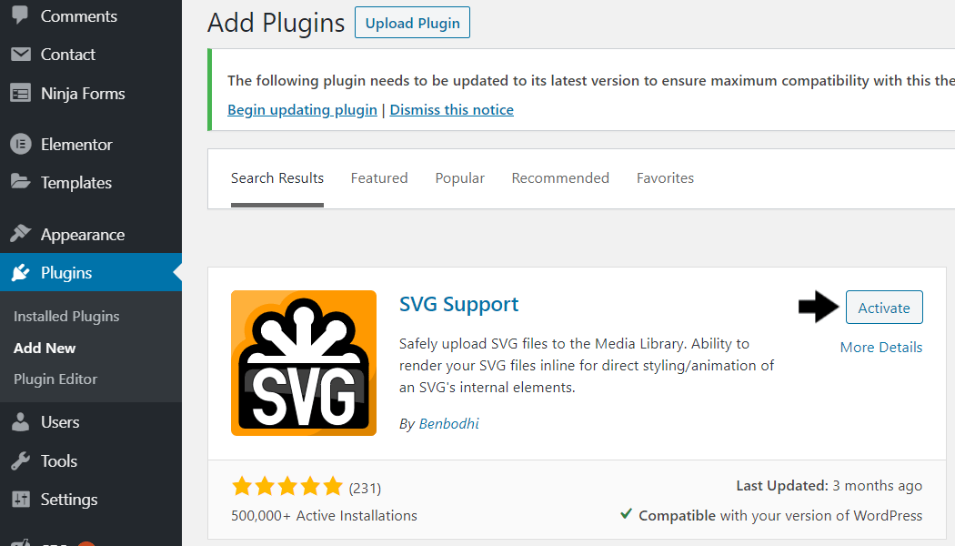 install and activate SVG support plugin to fix svg image not uploading on wordpress website
