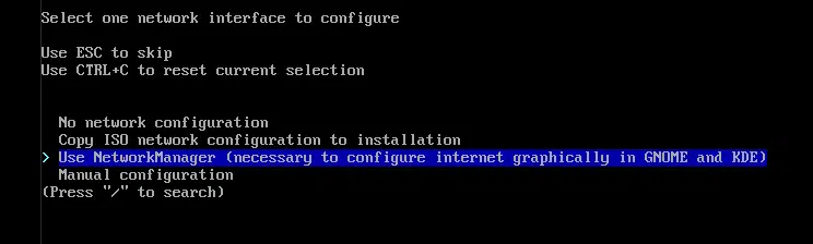 Network configuration to install arch linux