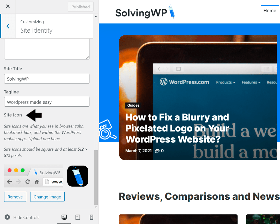 edit or add wordpress favicon or site icon through customizer