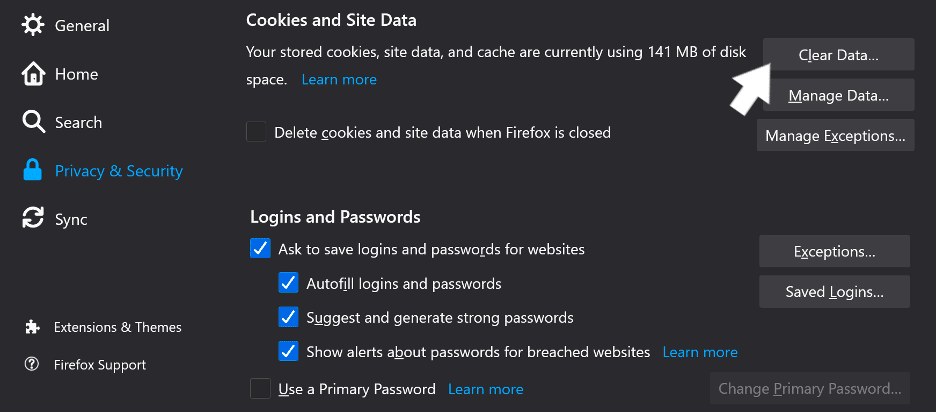 delete web browser data, cache and cookies on Mozilla Firefox to fix Elementor changes not showing on WordPress website