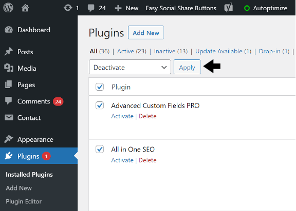 deactivate plugin on WordPress to fix Divi visual or theme builder or editor not working, showing or loading