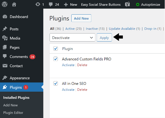 deactivate plugin on WordPress to fix WPBakery Page Builder not working, showing, saving changes or loading frontend or backend editor