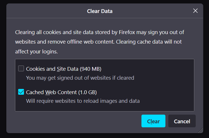 delete the web browser cache and data on Mozilla Firefox to fix the "post processing of the image failed" error on wordpress