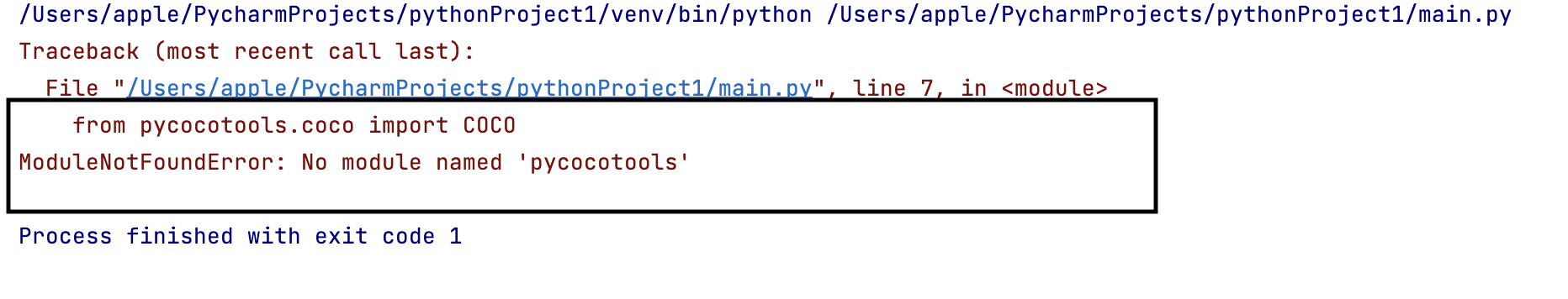 ModuleNotFoundError: No Module Named Pycocotools error message in Python 