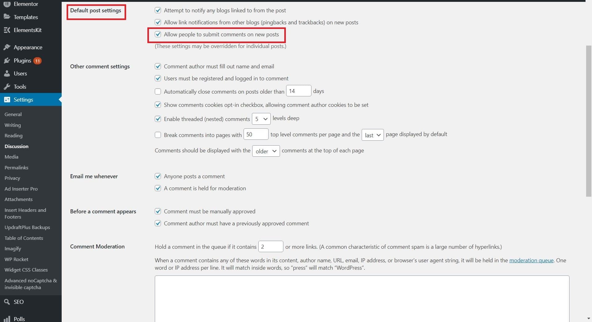 Allow comments through the discussion settings to fix WordPress comments not showing in admin or on posts