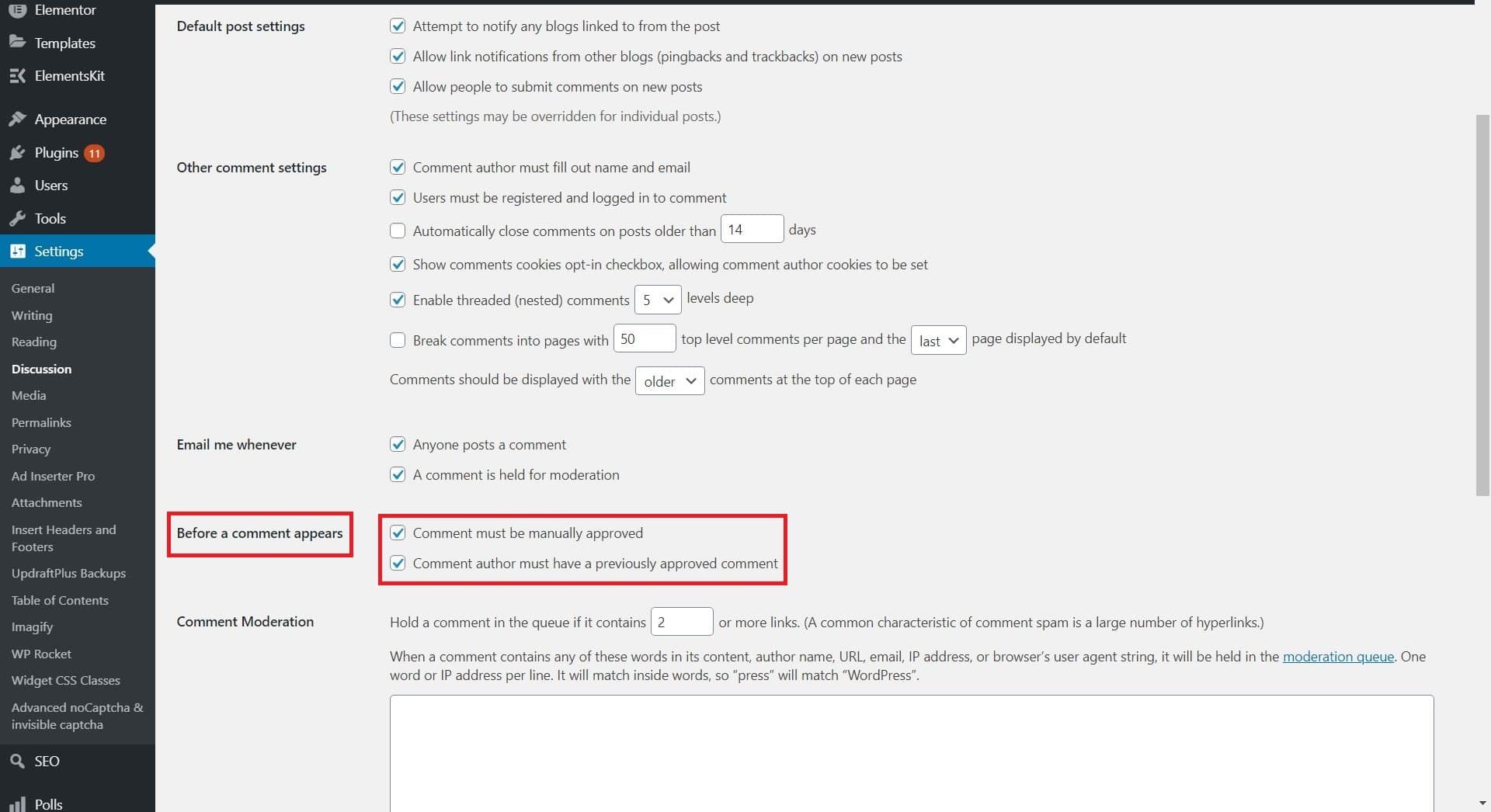 Check the “before a comment appears” settings to fix WordPress comments not showing in admin or on posts