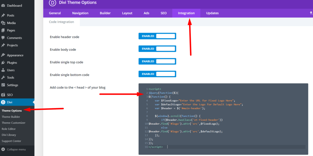 Check codes in your integration tab to fix Divi visual or theme builder or editor not working, showing or loading