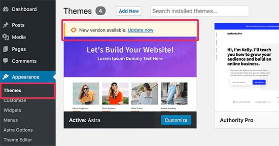 Install Pending WordPress Theme Updates to fix WPBakery Page Builder not working, showing, saving changes or loading frontend or backend editor