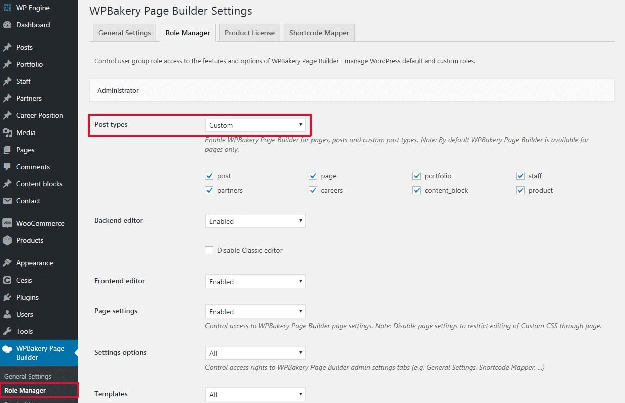 Check the WPBakery “Role Manager” settings to fix WPBakery Page Builder not working, showing, saving changes or loading frontend or backend editor