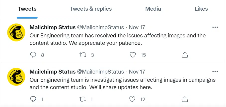 Check MailChimp’s Server Status on official Twitter page to fix can't log in or sign in to MailChimp