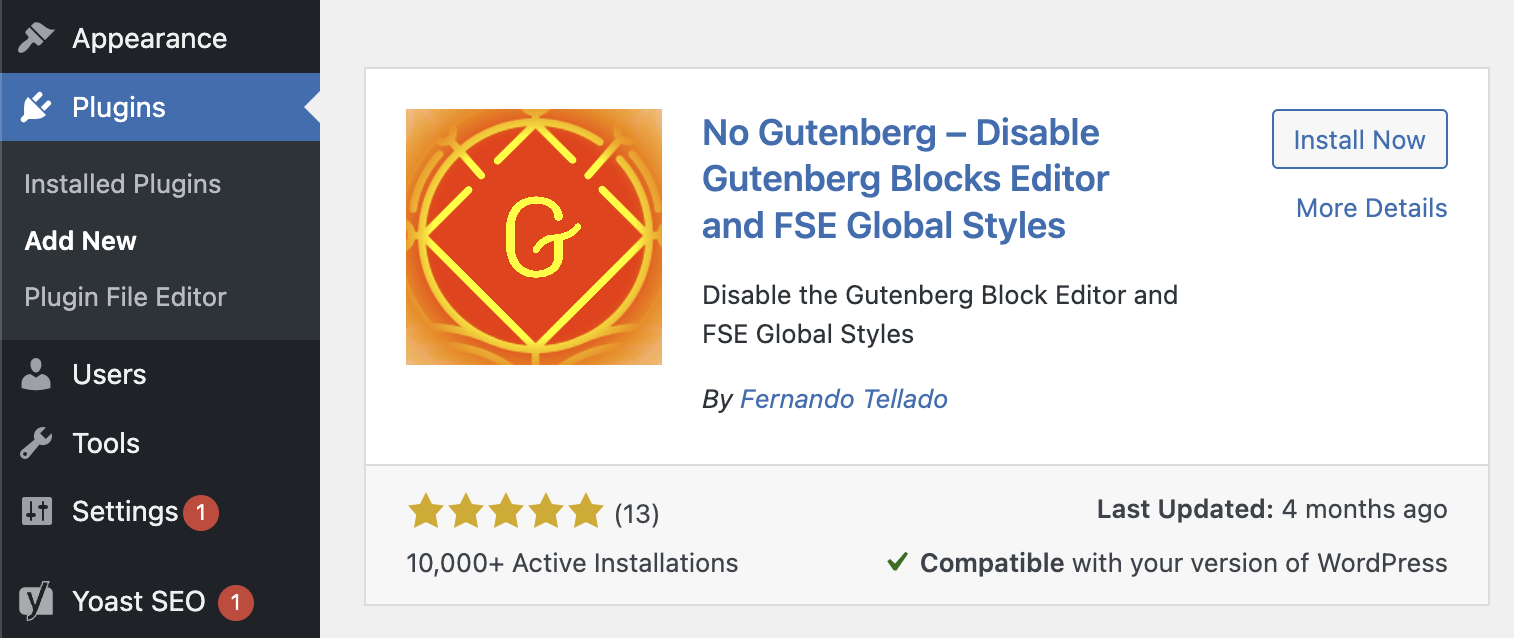 Install The “No Gutenberg” Plugin to fix WPBakery Page Builder not working, showing, saving changes or loading frontend or backend editor