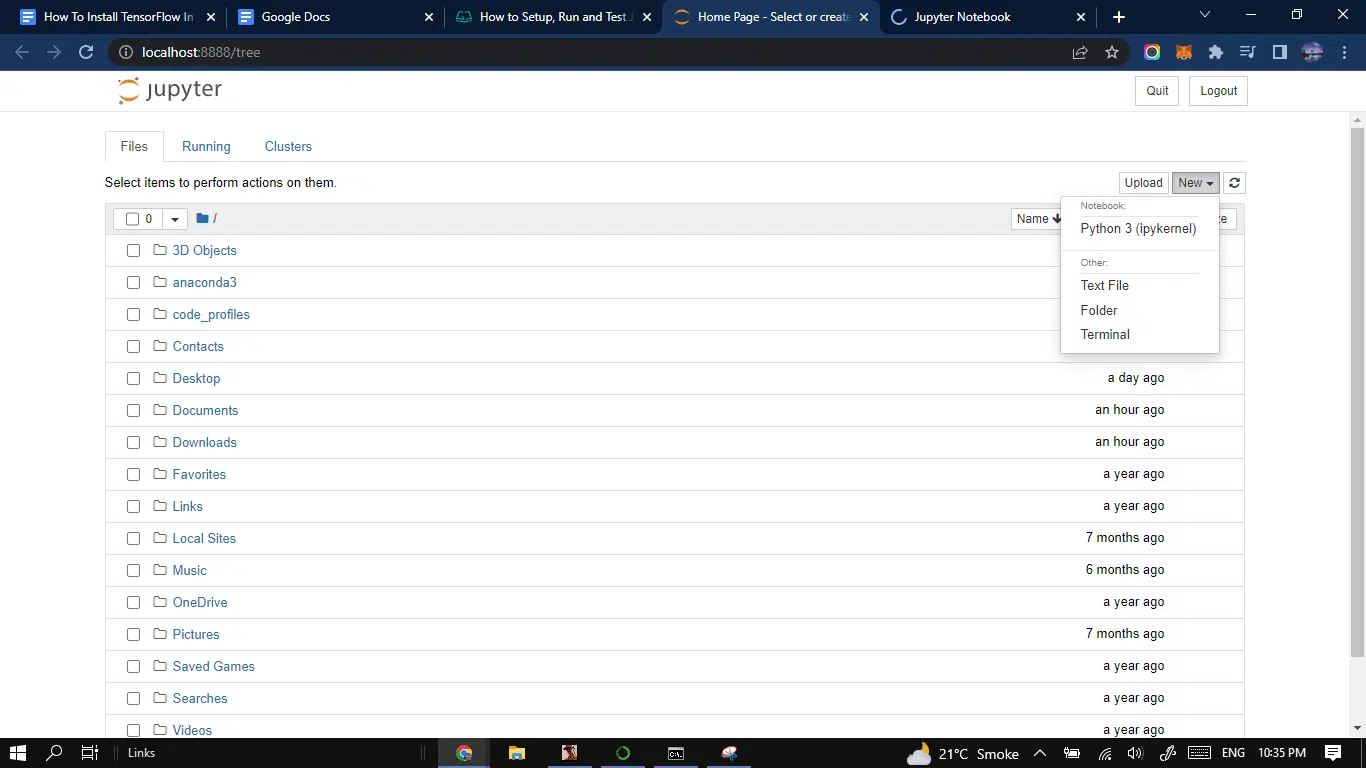 create a new notebook in jupyter notebook to download and install TensorFlow in Jupyter Notebook