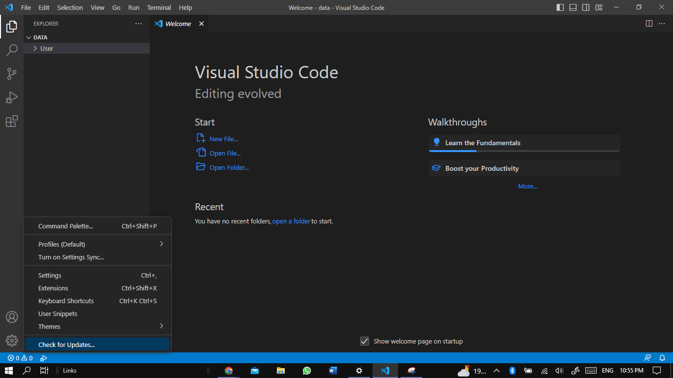 Check for pending updates for visual studio code application to fix can't or unable to open, run, launch, or open Visual Studio Code on Windows, Linux, macOS