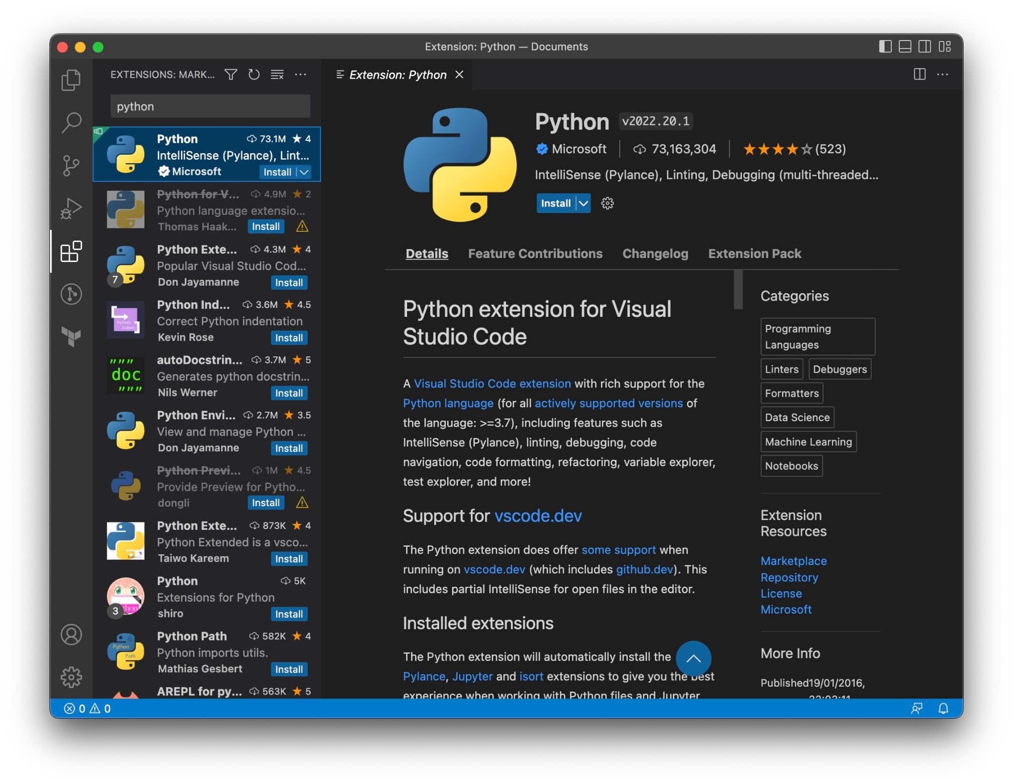 Install extensions in visual studio code